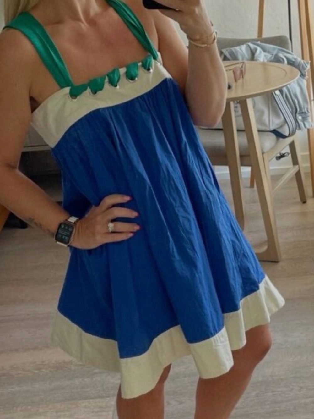Anthropologie Blue Full Dress with White Trim and Green Lace-Up